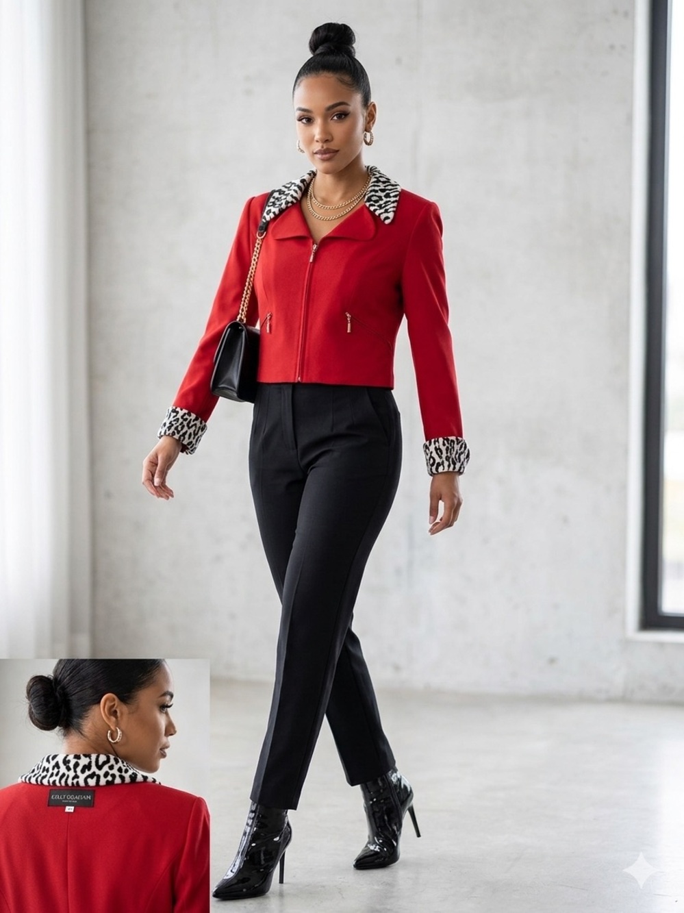 Kelly Graham vintage Red Cropped‎ Jacket with Leopard Trim - Women